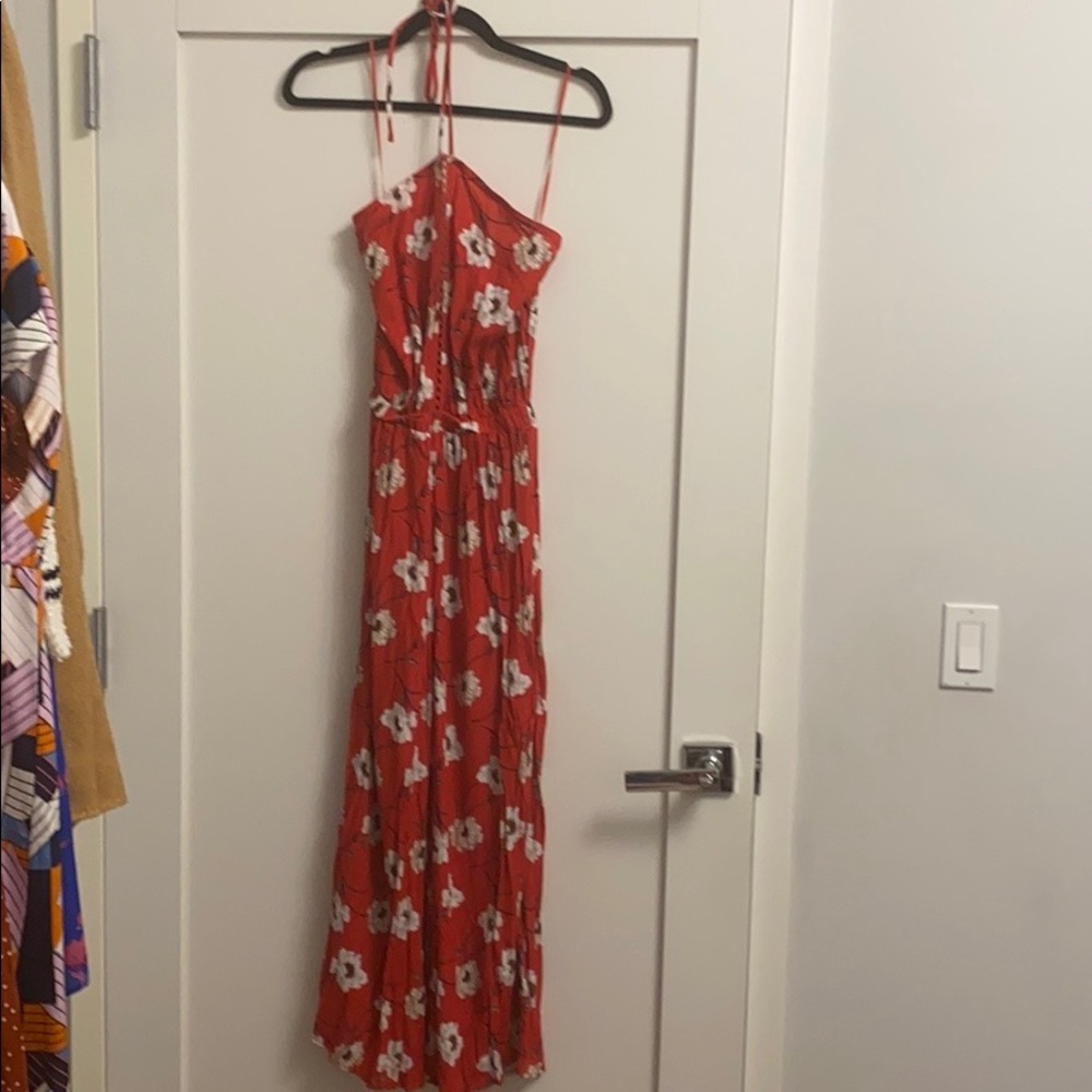 Red floral halter jumpsuit